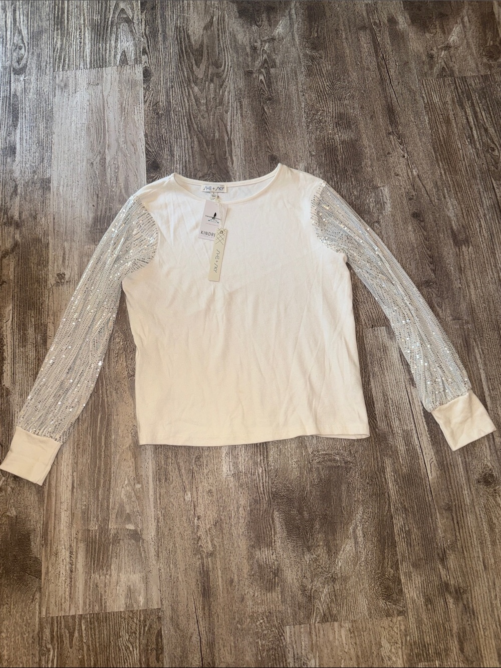 She + Sky White Long Sleeve Top with Silver Sequin Puff Sleeves